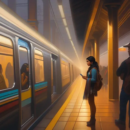 Prompt: Third person, gameplay, Navajo girl, olive skin, black hair, brown eyes, 2020s, smartphone, Los Angeles subway station, foggy, golden atmosphere, cartoony style, extremely detailed painting by Greg Rutkowski and by Henry Justice Ford and by Steve Henderson 
