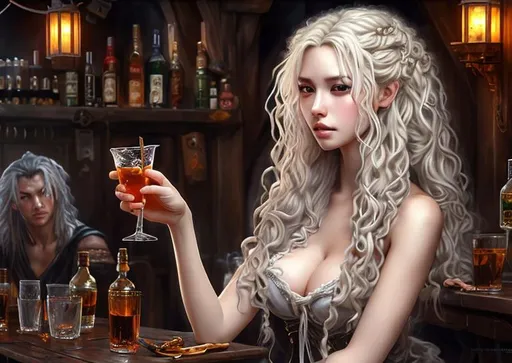 Prompt: anime woman drinking at a tavern, long curly hair, white hair,  vampire, busty, dark colored detailed clothing, oil painting, detailed face,UHD, hd , 8k, fullbody view , side view, hyper realism, Very detailed, zoomed out view, full character in view