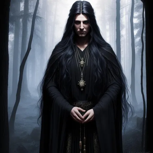 Prompt: front view of male sorcerer in the woods, spring, forested area, amulets, dark clothing, black jacket, long flowing hair, witchcraft, realistic eyes, apostate, vivid colors, masterpiece, art by HR Giger, dark contrast, 3D lighting, nighttime in the temple, background