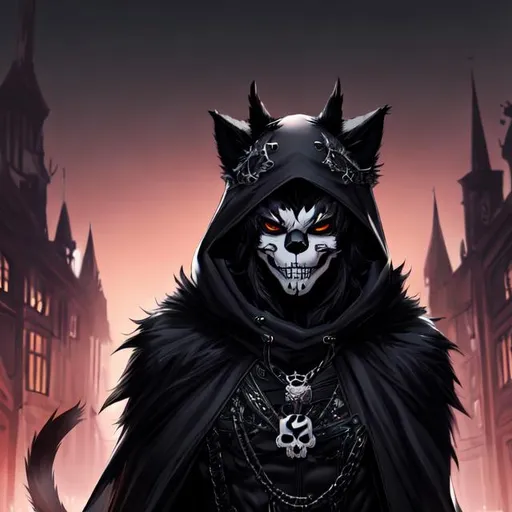 Prompt: Splash art of male furry, black fur wearing white skull mask, black cloak, hooded, cat ears, at night, very detailed, uhd, trending on artstation