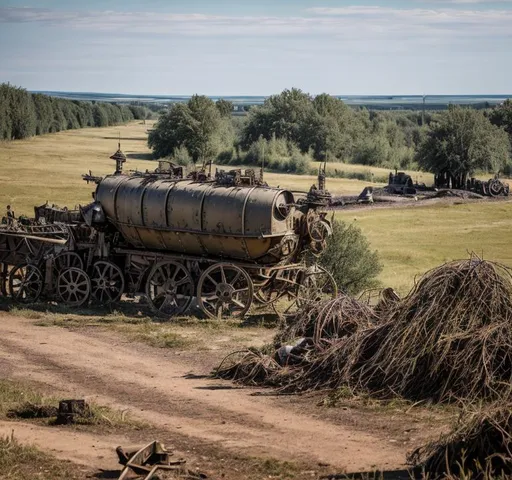 Prompt: A steampunk turret is mounted on top of A battered steampunk war carriage on the battlefields of ww1. barbed wire, trenches, dead soldiers and horses litter the muddy and destroyed terrain. Burned tree stumps smoilder in the background.