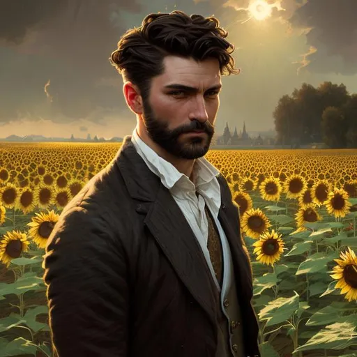 Prompt: Splash art portrait of ruggedly handsome, androgynous, feminine, dark brown haired man with short hair, 30 years old, in a sunflower field, victorian light clothes, elegant, highly detailed, intricate, smooth, sharp focus, artstation, digital painting, concept art, art by greg rutkowski, alphonse mucha and John William Waterhouse, light, romantic, happy, soft, gentle, golden, warm, summer