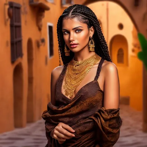 Prompt: professional modeling photo live action  human woman hd hyper realistic beautiful woman dark black hair cornrows light brown skin hazel eyes beautiful face traditional desert dress with jewelry enchanting spanish landscape hd background with live action flowers and trees at night