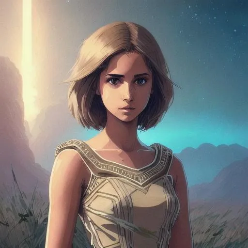 Prompt: Portrait painting of Naomi Scott in a beige tribal cueitl dress from Final fantasy in the battlefield of the Sandoria. Brown long hair, By Ilya Kuvshinov, manga, anime style, 80's, Intricate, Hand drawn, concept art, bright color, dim lighting, Anime Key Visual, beautiful composition