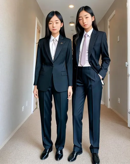 Prompt: Two asian girls 14yo, suit, Tie, Trousers,