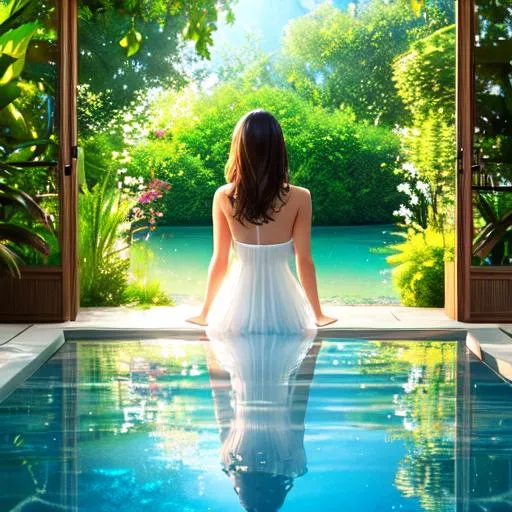 Prompt: Summer scenery,best quality,ultra detailed background,detailed furniture, detailed exterior, realistic 3d, BREAK light colors,daylight,focus on girl,depth of field,translucent layers,fluid textures, subtle hues, organic forms, poetic atmosphere, water reflection, rim lighting, BREAK, solo, screen space reflection, Blending with Plants