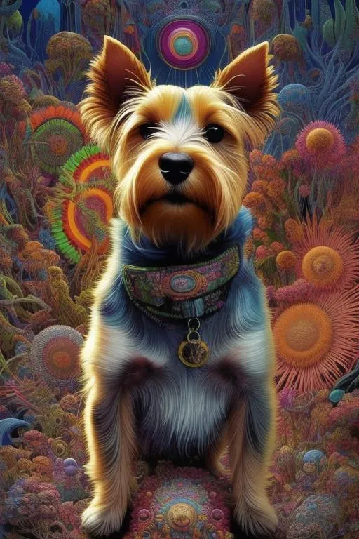 Prompt: ((Australian terrier dog)), I am idiosyncratic, colorful character with eclectic fashion sense, against a vibrant and psychedelic backdrop, with trippy lighting and surreal elements, reminiscent of 60s and 70s counterculture, illustrated in a highly detailed and intricate digital painting style by artists like alex ross, Frank Frazetta, and moebius, trending on artstation and deviantart
