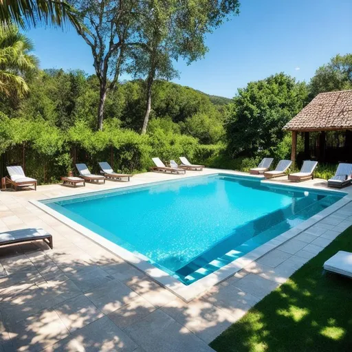 Prompt: stunning outdoor swimming pool. (With happy peoples taking a bath and relaxing)