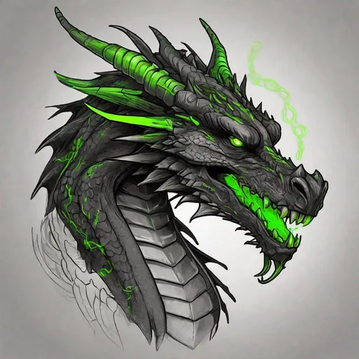 Prompt: Concept designs of a dragon. Dragon head portrait. Coloring in the dragon is predominantly black with neon green streaks and details present.