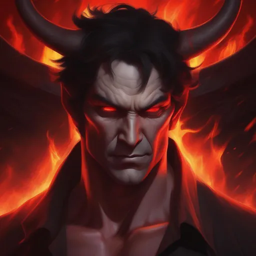 Prompt: mature male, realistic, black hair, grey skin, red demon eyes, bright red horns, fire background, hell, souls in background, warm colors,  power, high definition, professional