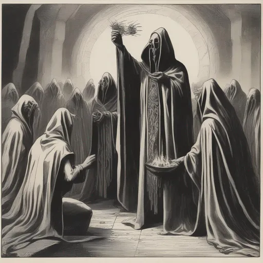 Prompt: Old Gods being worshipped by hooded and robed cultists