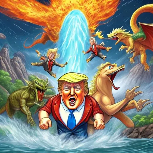 Prompt: Realistic cartoon. Donald Trump holding a gun riding a bear in a river. A meteor is crashing down behind them and from that meteor dragons begin to climb out.