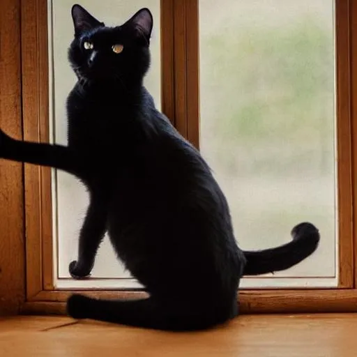 Prompt: A black cat sitting at a window.