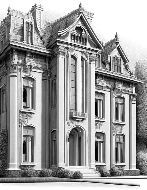 Prompt: Architecture illustration of a 20 bedroom mansion, Graphite black and white Pencil Drawing, ultra detailed