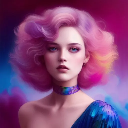 Prompt: Artgerm, Loish, james jean, tom bagshaw, beautiful woman, hair made of  iridescent colorful ribbons and smoke floating in the sky background, colorful and vibrant, mystical  colors, contemporary impressionism, iridescent painting, 3/4 perspective view, cute face, low angle, sweeping circling composition, large beautiful crystal eyes, big irises