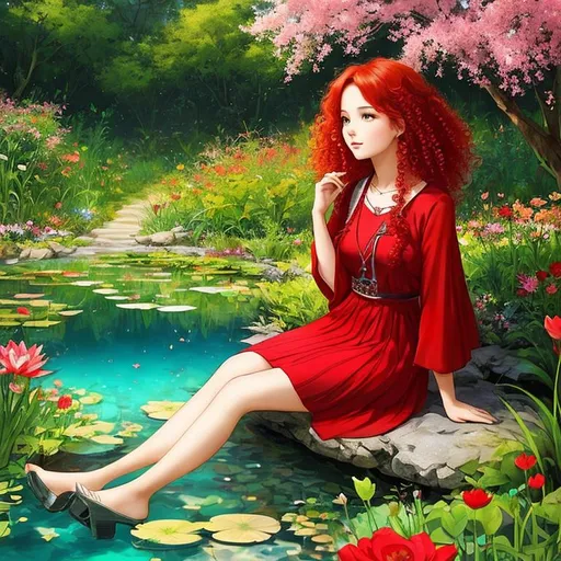 Prompt:  A very cute girl, curly gradient red hair,  sitting in a garden next to a pond with her feet inside it's crystal clear waters. Her cute fluffly cat is right by her side resting its head on her shoulder. Spring time.  Art the style by Duy Huyn, Esao Andrews, Catrin Welz-Stein, Susan Rios and laura Diehl. Highly detailed, Best quality, intricate details, iridescent water Reflex. 
