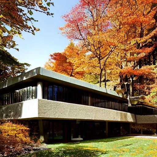 Prompt: Kengo Kuma and Frank Lloyd Wright style stone house, squared shaped, autumn, Kodak 400, roof with garden and lush, modern, light windows,  archdaily.