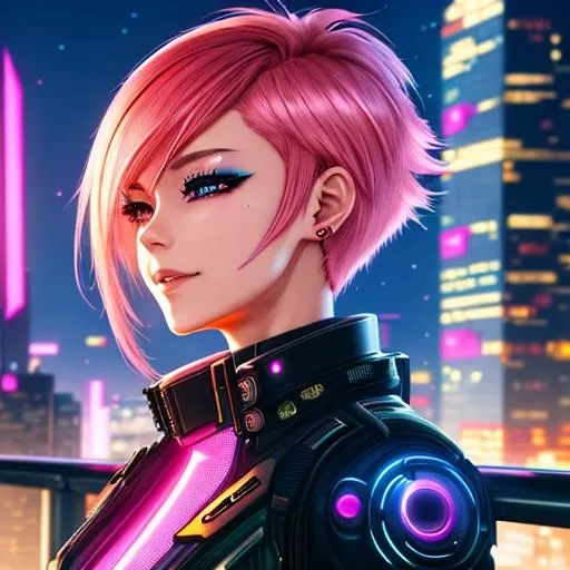 Prompt: Beautiful, anime girl, cyberpunk, full view, brunette, multicolored pink hair, standing on a futuristic glowing bridge, grinning, blonde highlights, full body facing the camera, buzzed pixie haircut of a building looking out into a cyberpunk city at night, detailed, perfect body, front view, looking at camera, perfect jawline, beautiful eyes, masterpiece, detailed and intricate background, full view, front view, enormous athletic body, medium sized bust, sharp eyes, buzzed hair, dynamic, razor sharp foccus, oil painting, ultra realism, amazing art, amazing foccus, (masterpiece), volumetric lighting, vivid colors, UHD, 16k, HDR, ((((best quality)))), ((( (extreme details)))), mechanically enhanced face and body, cyberpunk edgerunners, perfect skin, crystal blue eyes, black shoes, pixie haircut, intricate human face, intricate eyes, anime eyes, perfect facial foccus, perfect face, beautiful artwork, glossy skin, cyberpunk jacket, heavy eyeshadow, Very detailed, Very detailed, hyperrealistic detail, futuristic mech jacket, hyper realistic shading, cybernetic body enhancement, dystopian futuristic background cybernetic outfit, mech clothing enhancements, masculine haircut, male haircut, short male haircut, wide eyes, human eyes, beautiful woman’s face, mechanical face, smiling facial expression, robotic eyes, bulky cyberpunk headphones with robotic cat ears, robotic arms, cybernetic face, happy facial expression, holding futuristic pistols, mouth open, sharp teeth cybernetic parts on face, futuristic prosthetic cyber legs, robotic arms, blue, pink, and purple mech clothes, armed with weaponry, blowing a bubble of blue bubble gum, wearing headphones over ears, shaved pixie haircut
