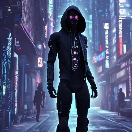 Prompt: A synthetic male human, a cyberpunk setting, skin is covering their body, looks like a human, wearing clothes, wearing a hoodie, pants, no tattoos

