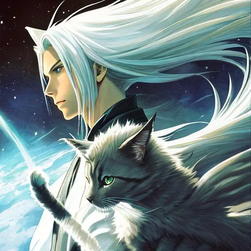 Prompt: Sephiroth from Final Fantasy morphing into a cat, style of the Animorphs book covers