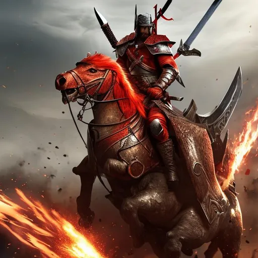 Prompt: A 33 year old man on a red horse with a great sword. He brings war and destruction to the world. Photorealistic.