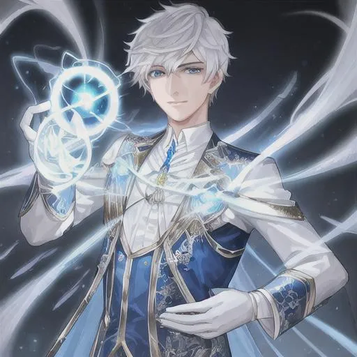 Prompt: butiful young man with an electric orbe in his hands white hairs, blue eyes, elegant costume white