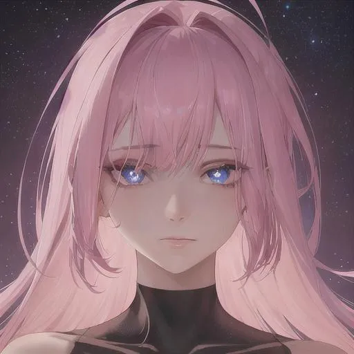 Prompt: "A close-up photo of a gorgeous trimmed pink haired woman, cosmic like eyes, in hyperrealistic detail, with a slight hint of loneliness in her eyes. Her face is the center of attention, with a sense of allure and mystery that draws the viewer in, but her eyes are also slightly downcast, as if a sense of loneliness is lingering in her thoughts. The detailing of her face is stunning, with every pore, freckle, and line rendered in vivid detail, but the image also captures the subtle emotions of loneliness that might lie beneath her surface." Wearing a black night gown