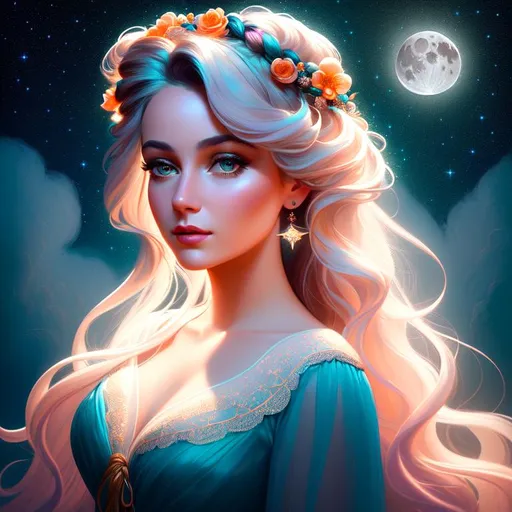 Prompt: 3/4 view portrait painting of a beautiful girl, style of Fragonard and Pixar, (messy long white hair), ropes, bright, ((midnight in the clouds)), bioluminescent, veils, moon, (wearing intricate frock), stars, night sky, vines, delicate, teal, pink, orange, black, bright colors, soft, (((webs))), silk, threads, lilypads, lillies, ethereal, nebula, galaxy, luminous, ribbons, 3D lighting, soft light