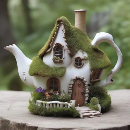 Prompt: A fairy cottage made of a  chipped teapot
