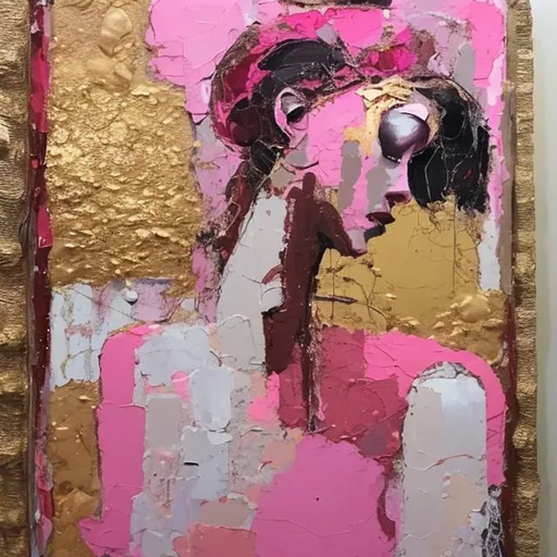 Prompt: Very  Expensive Painting, figure, conceptual, intuitive, Figural, contemporary, mixed media,  bright pink, earth colors,  gold.
