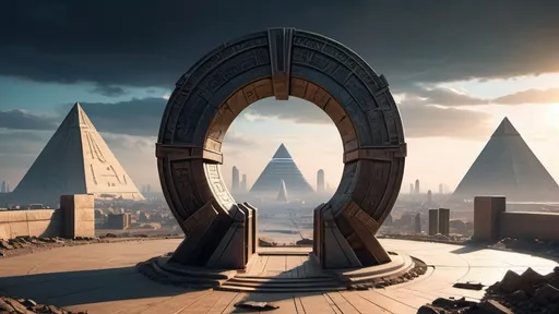 Prompt: small circular portal, gateway between cities realms worlds kingdoms, ring standing on edge, freestanding ring, hieroglyphs on ring, complete ring, obelisks, pyramids, city plaza, panoramic view, cyberpunk dystopian setting