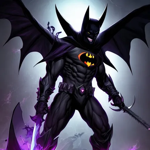 Prompt: demon batman wearing void armour  with void axe