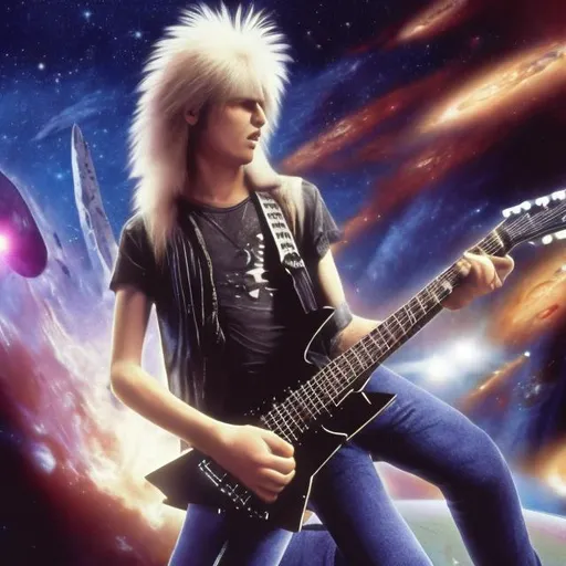 Prompt: Realistic 18 year old Michael Schenker playing guitar for tips in a busy alien mall, widescreen, infinity vanishing point, galaxy background