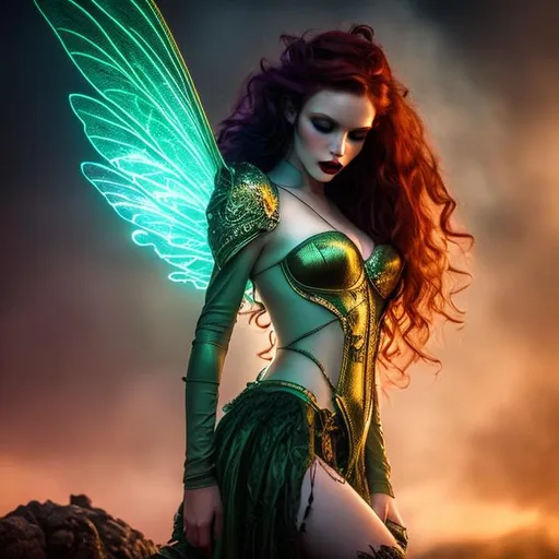 Prompt: HD, 4K, 3D, Stunning, magic, cinematic camera, gothic beauty, ethereal green wings,fairy queen,gothic enchanted, light contrast, long, curly redhead hair, lovely, romantic, tender, purple light, moon glow, perfect female beauty, intricate, pale traslucent skin, golden ratio, look in camera, gorgeous sinuous body, female body,gorgeous eyes