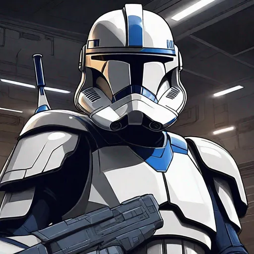 Prompt: Star wars clone trooper. Dark blue armor uniform. He wears a clone helmet with a very narrow t-shaped visor. In background a scifi alley. Rpg art. Star wars art. 2d art. 2d. Well draw face. Detailed. 