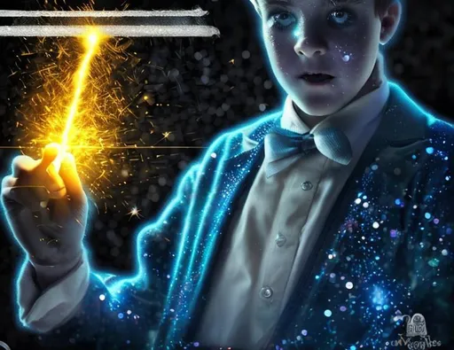 Prompt: 13 year old boy cast a crazy magic spell on someone inside the toilet stall with his magic wand from the outside. Only show the outside of the stall. Lots of sparkle magic from the magic spell spewing out from the top of the stall. Show the boy in the tuxedo with his magic wand casting the spell outside the stall 