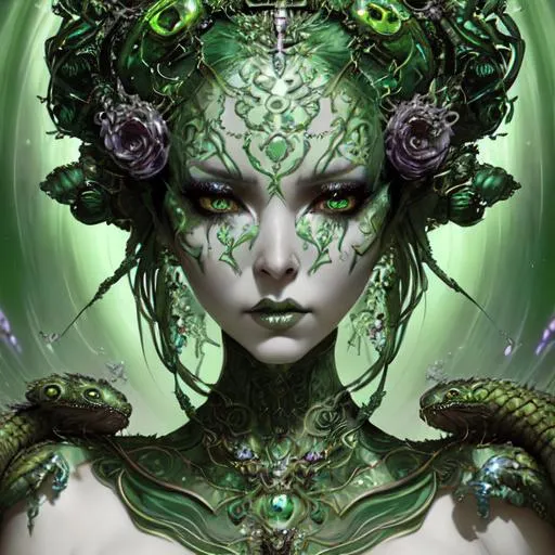 Prompt: A alien empress, beautiful face, stunning snake green eyes, sculptural biomorphic dress, dramatic makeup by pino daeni, Daniel Merriam, Cicely Barker, intricate details by Andrew atroshenko, James Jean, Mark Ryden, charlie bowater, WLOP and Megan duncanson, beautiful face, very detailed, high definition, crisp quality, cinematic smooth, cinematic lighting, ultrarealistic, crispy focus 