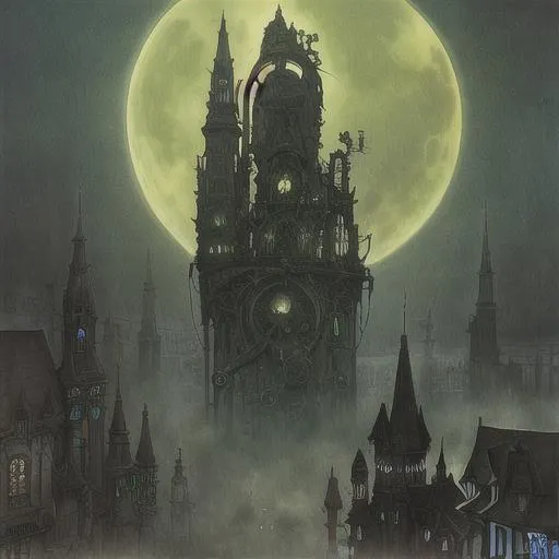 Prompt: Steampunk gothic city streets, night, dark-green fog, fullmoon, beksinski style 