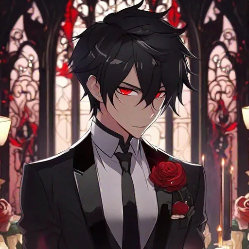 Prompt: Damien  (male, short black hair, red eyes) demon form, wearing a tuxedo, standing at the altar

