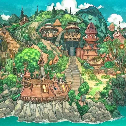 Prompt: fantasy land that gives off the vibe of adventure, community and wonder in the studio ghibli style