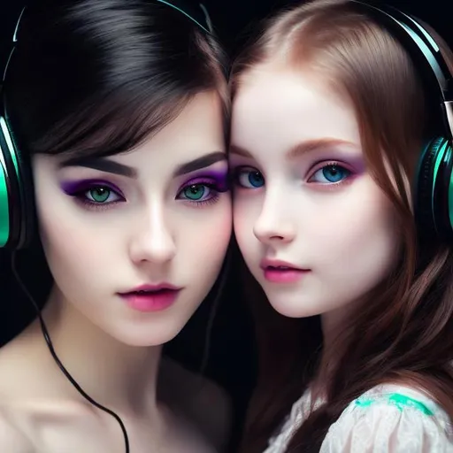 Prompt: High-resolution hyper-realistic portrait of a wicked dark wizard, a goth girl wearing headphones,{extremely COLOSALLY BREASTED}, pale skin, big dreamy eyes, 
