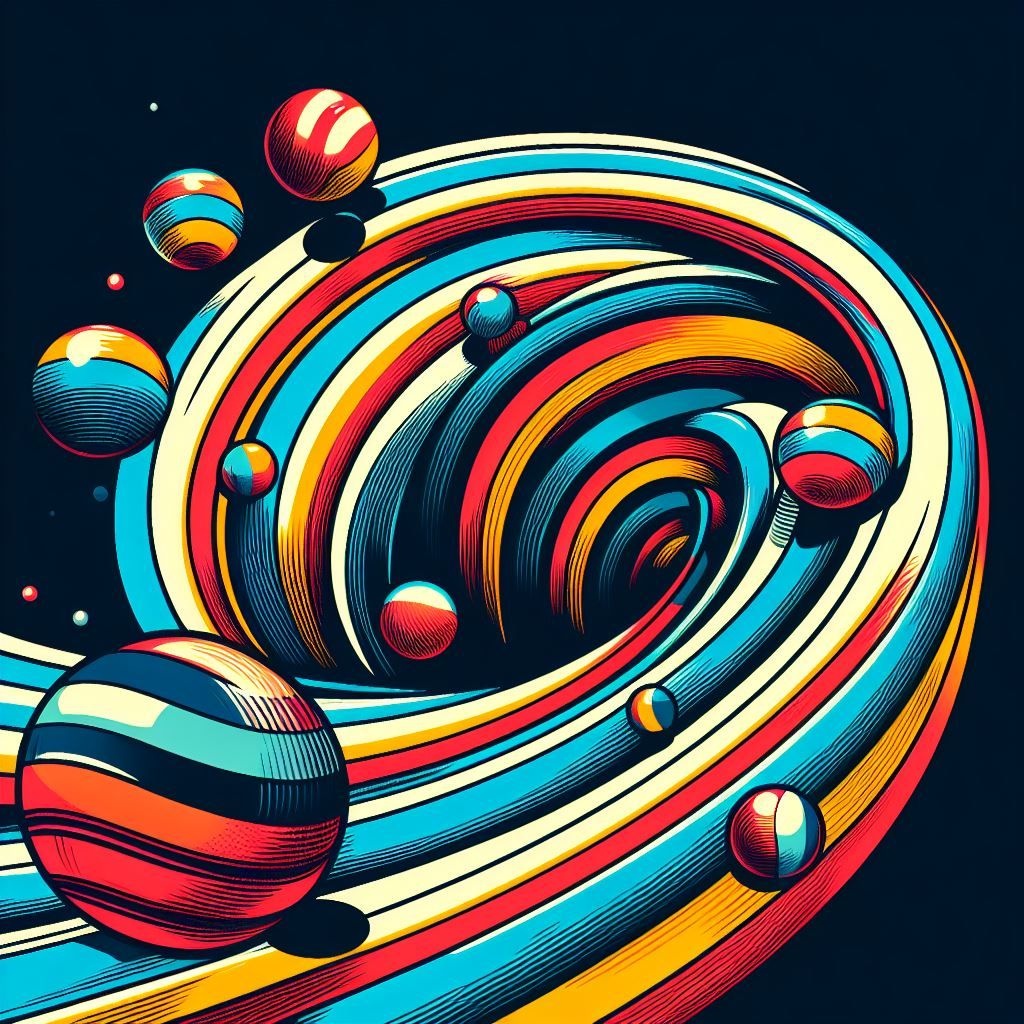 Prompt: striped color vector balls getting sucked down in the swirling vector whirlpool