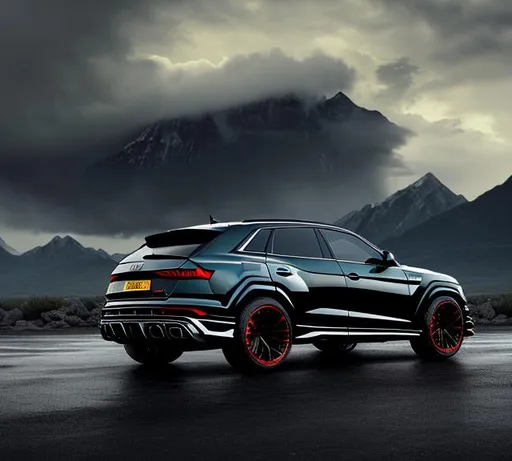 Prompt: 8k Ultra HD, Audi, car, Black RS Q8, mixed with Lamborghini Urus, black tire, black painting, side view to back view ,storm background with mountains and lightings, cinematic, realistic, all black on the car 