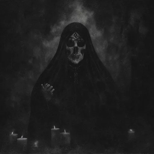 Prompt: High quality artwork for a black metal album. Elegy for the Dead Silent Remains. dead priests praying around the fog. surrounded by candles.