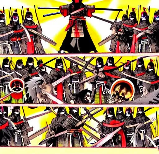 Prompt: Anime war scene graphic High detail Samurai warrior crusaders with Jesus Christ as depicted in the book of  revaltion coming out of heaven one side is the gathering of The chosen to ride victory against the enemy Satan and his fallen cyberpunk ninjas on the opposite side 