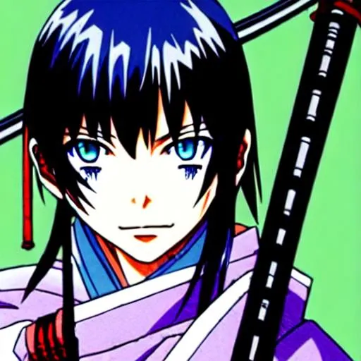 Prompt: Kenshin, Rurouni Kenshin, Battousai, man slayer, blood, fierce, pastel blue hair, heterochromia, anime, katana, ronin, man
