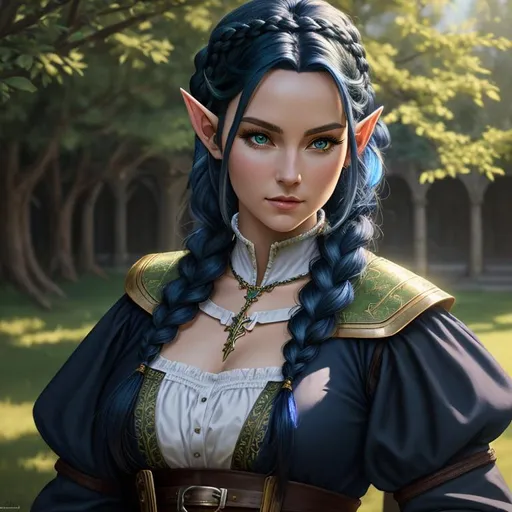 Prompt: oil painting, fantasy,  UHD, hd , 8k, , hyper realism, Very detailed, zoomed out view of character, panned out view, full character visible,  elf female artist, she has dark blue hair in a braid, she has green eyes, she is wearing medieval attire