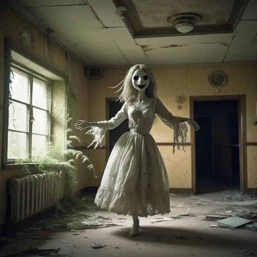 Prompt: cute ethereal spirit figure, dancing in an overgrown abandoned hotel, groovy atmosphere, realism, eerie, high resolution, haunting, atmospheric lighting, funny, silly