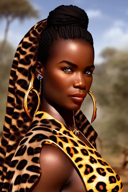 Prompt: ultra realistic detailed image of a cuvy, muscular african tribal warrior woman, in a hut village, leopard print loincloth, highly detailed, digital painting, Trending on artstation, HD quality