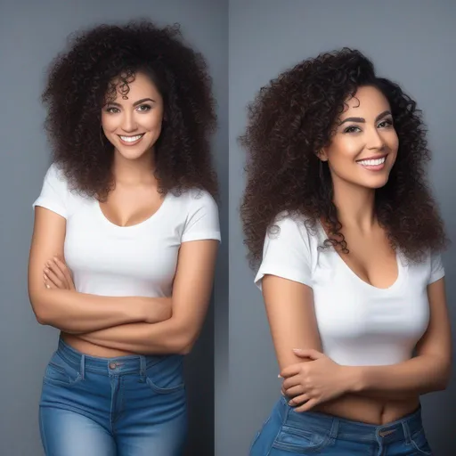 Prompt: An attractive 35 year old woman with very curly hair, elegant, large eyes, modern, stylish makeup, full body view, white tshirt and blue jeans, happy, smiling, (erotic), posing, studio background